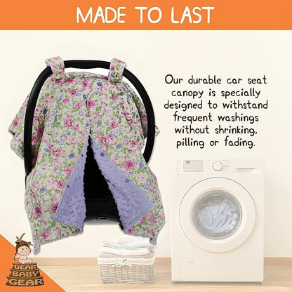 Dear Baby Gear Floral Baby Car Seat Canopy with Snap Button Opening - Newborn & Toddler Carseat Cover - Nursing Covers - Infant Chair Essentials (Lavender Pink Floral & Dot, 40" x 30")