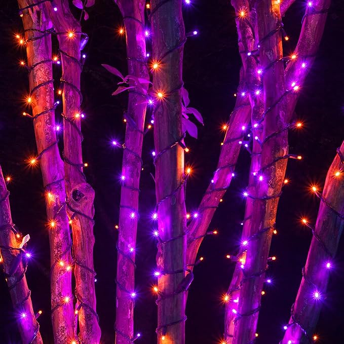 Dazzle Bright 2 Pack Total 400LED 132FT Halloween Solar String Outdoor Lights, 8 Modes Waterproof Halloween Lights for Bedroom Patio Garden Tree Party Yard Decoration (Purple & Orange)