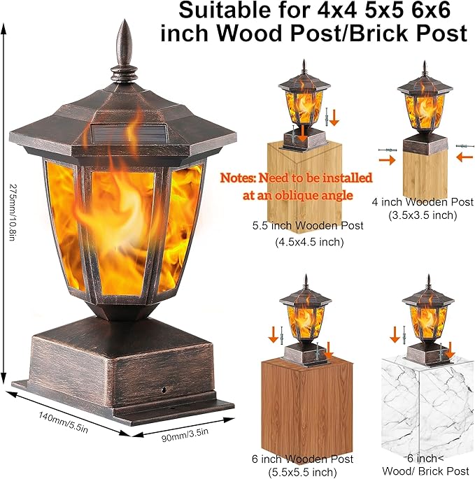 Dynaming 4 Pack Solar Flame Post Lights Outdoor, Solar Powered Lamps Fence Post Cap Lights, Flickering Flame LED Lantern Waterproof for Garden Deck Patio, Fit 4x4, 5x5 or 6x6 Wooden Posts, Bronze
