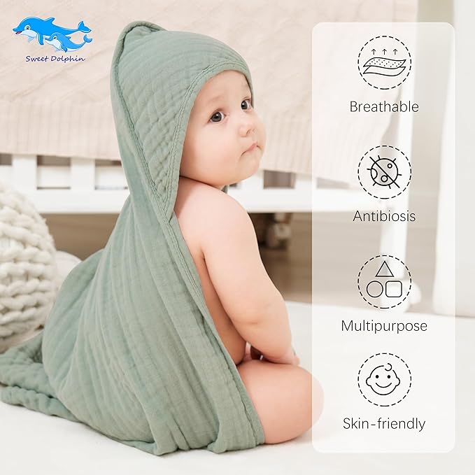 SWEET DOLPHIN Muslin Hooded Baby Bath Towels - 2 Pack 100% Cotton Towel for Babies, Infants, Toddlers - 32x32Inch - Highly Absorbent and Newborn Essential, Green and Grey