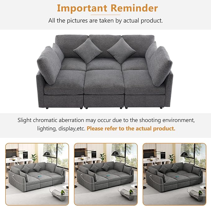 Ball & Cast Oversize Modular Sectional Sofa,85.4" 5-Seater Couch with USB Ports and 9 Pillows,Chenille Upholstered Convertible Sleeper Sofabed w/Movable Ottoman,for Living Room,Grey