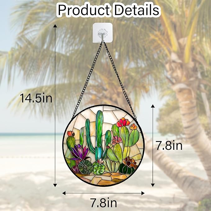 Stained Glass Window Hanging, White Green Cactus Suncatcher Diamond Glass Panel Hangings Sun Catchers Decor for Birthday for Women, Men, Wife, Aunt, and Mom 7.8 in