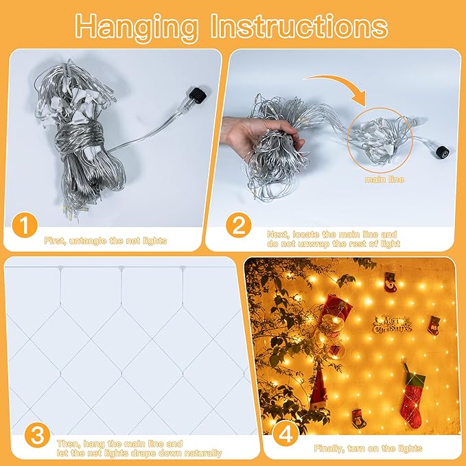 Ollny Net Lights Outdoor Mesh Light 10x7ft, 210LED Clear Wire Connectable Christmas Net Lights with 8 Modes, IP67 Waterproof Bush Light for Tree Wall Ceiling Outside Decorations, Warm White