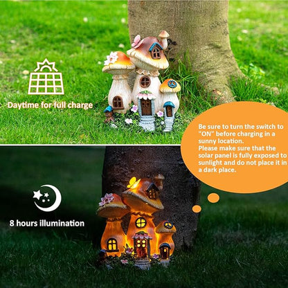Solar Garden Statue Lights Mushroom Fairy House Figurine, Outdoor Memorial Garden Ornaments Waterproof Decoration for Outside Patio Yard Lawn Decor