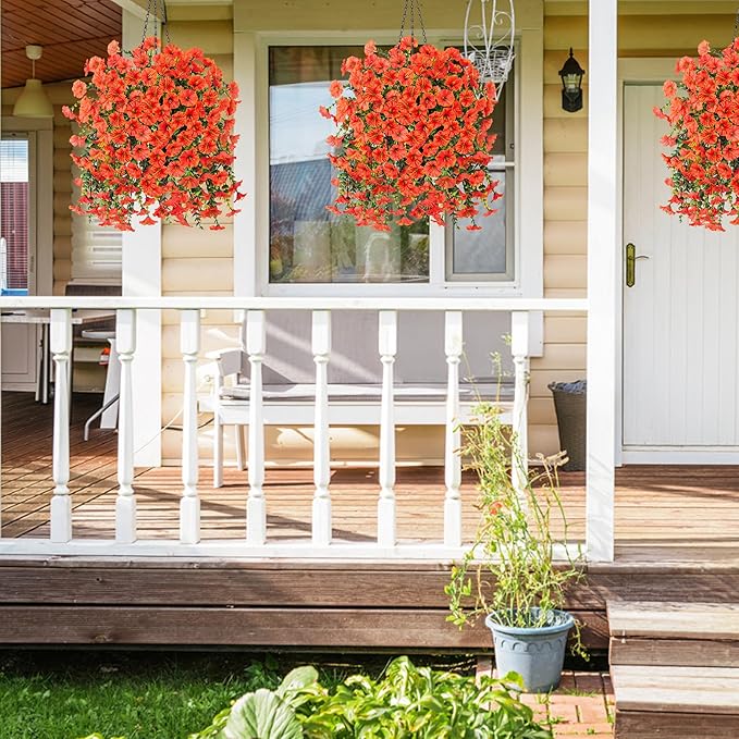Ivydale 2 PCS Artificial Fall Hanging Flowers Fake Plants Outdoor,Silk Morning Glory Faux Flowers with Eucalyptus,UV Resistant Realistic Petunias Plants for Home Garden Decor (Orange(Leaves Green))