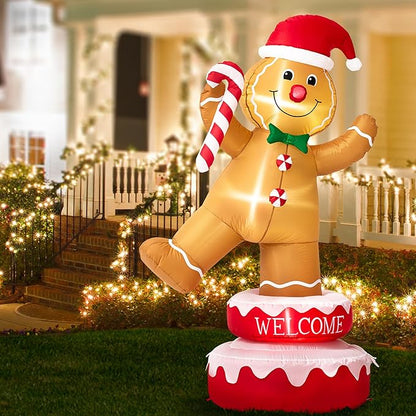 Glitzhome 6FT Inflatable Rotating Gingerbread Man with LED Lights, Christmas Yard Decoration with Candy Cane for Outdoor Indoor Xmas Party Decor