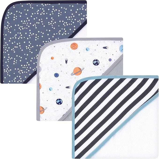 Hudson Baby Unisex Baby Cotton Rich Hooded Towels, Space, One Size