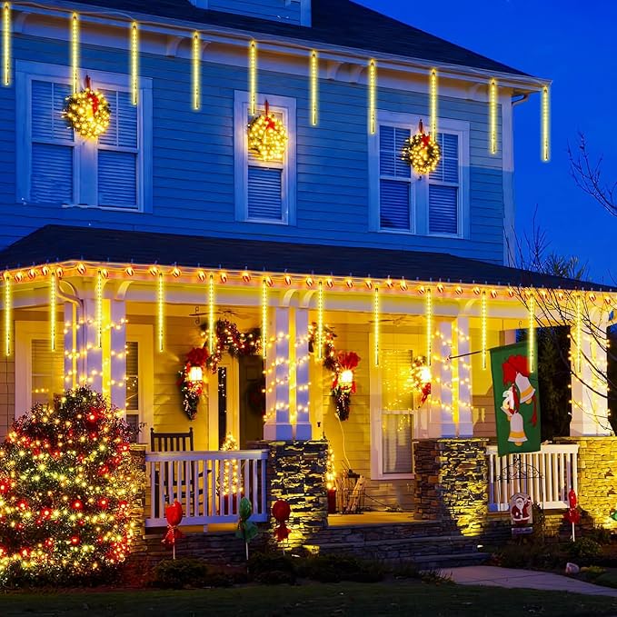 JMEXSUSS Solar Meteor Shower Lights Outdoor, 8 Tube 144 LEDs Warm White Solar Christmas Lights for Tree Eave Xmas Holiday Party Patio House Wedding Decor