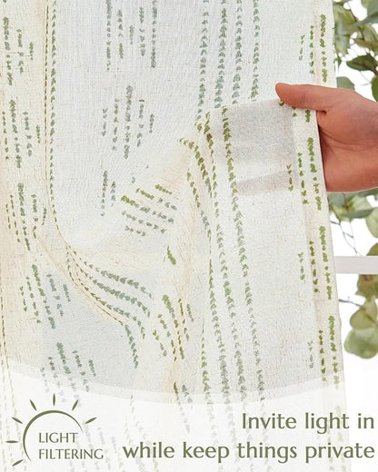 jinchan Boho Kitchen Curtains Linen Cafe Tier Curtains 36 Inch Bohemian Geometric Striped Mudcloth Small Window Drapes for Living Room Bathroom Light Filtering Back Tab 2 Panels Sage Green on Flax