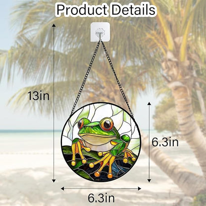 Stained Glass Window Hanging, Green Frog White Petals Sun Catchers Colorful Glass Panel Cute Suncatcher Decor for Birthday for Women, Men, Wife, Aunt, and Mom 6.3 in