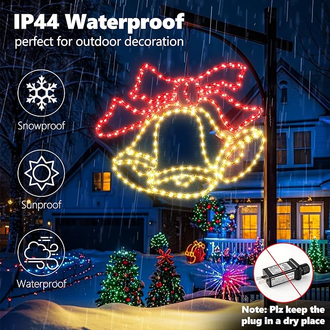 Christmas 33'' Large Bell Lights Decoration - 297LED Outdoor Waterproof Christmas Lights Large Bell Decoration with Timer for Outdoor Home Party Wall Hanging Light
