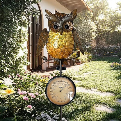 HONGLAND Solar Outdoor Temp Stakes Outdoor Thermometers for Outside Metal Owl Waterproof Patio Lawn Temperature with Solar Warm LED Lights for Yard and Garden, Holiday Gifts for Man Woman