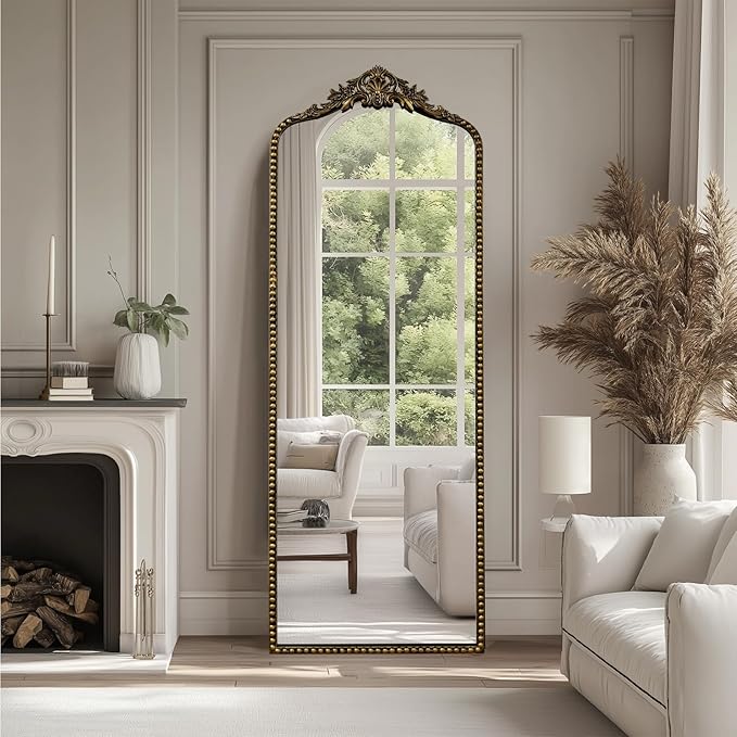 G-LEAF Vintage Baroque Full Length Floor Mirror 22"X65", Victorian Antique Mirror with Black Brush Gold Ornate Metal Frame for Fireplace Entryway Living Room Hallway Bathroom