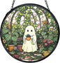TNUW Halloween Ghost Stained Glass Window Hanging, Halloween Ghost Plant Sun Catchers Indoor Window Glass Round Wall Art Decor, Plant Lover Gifts for Women Wall Hanging Decorations, 7.9＂x7.9＂