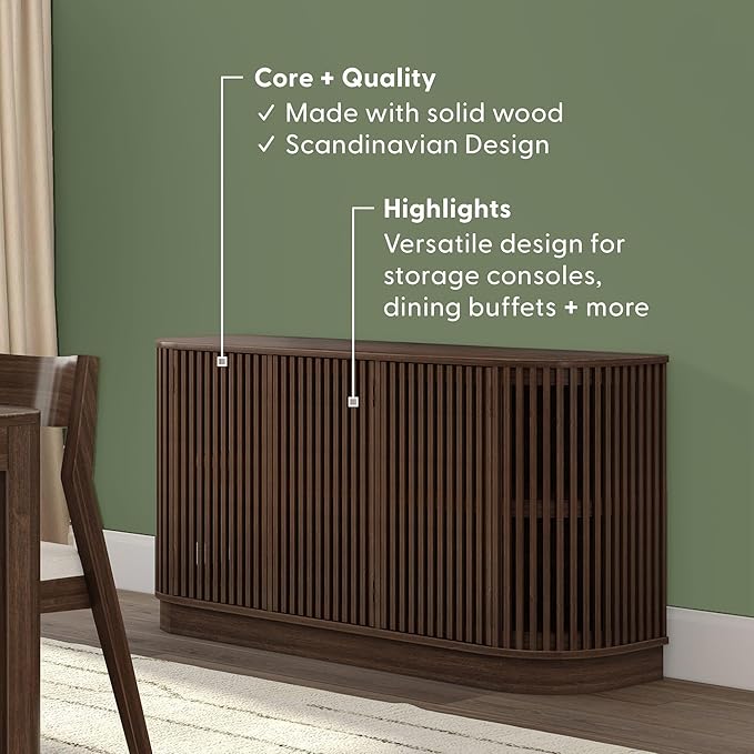 Plank+Beam Contour Wood TV Stand, Three Door Solid Wood Entertainment Console with Storage, 59" L x 16" W x 30" H, Walnut