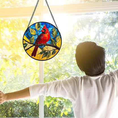 Stained Glass Window Hanging, Blue Sky Cardinal Sun Catchers Colorful Glass Panel Red Birds Suncatcher Decor for Birthday for Women, Men, Wife, Aunt, and Mom 6.3 in