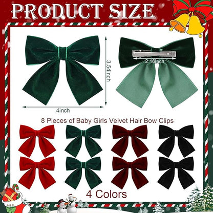 8 Pcs Velvet Hair Bows for Girls, 4" Christmas Hair Bows with Alligator Clips Christmas Bow Hair Accessories Stocking Stuffers for Girls Toddler Kids