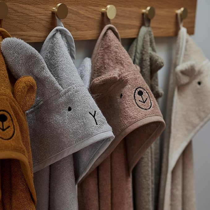 Hooded Baby Towels - 100% Organic Cotton Baby Bath Towels, 32" x 32" Super-Soft and Absorbent Baby Towels for Newborn 2-Pack (Rabbit Grey/Bear Natural)