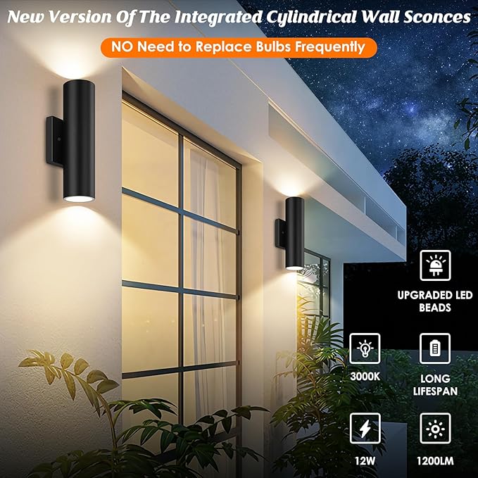 GoBright Outdoor Wall Lights, 12W 3000K Integrated LED Cylinder Up Down Lights, 1200LM Super Bright Waterproof Exterior Wall Sconce, 2-Pack Modern Black Outside Wall Lantern for Porch Patio Garage