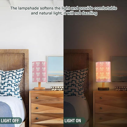 Bedside Table Lamp Cute White Bow Pink Nightstand Lamp with Wood Desk Lamps for Bedroom Living Room Nursery Office Home Decor