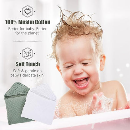 Spotted Play 2 Pack Hooded Baby Towels - 100% Muslin Cotton for Newborns, Infants, Toddlers - Large 32x32Inch Size - Highly Absorbent and Essential for Newborn Care, White and Green