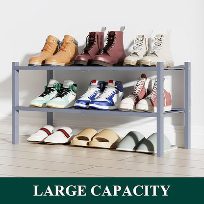 Smiry Shoe Rack, 2 Tier Bamboo Shoe Organizer, Stackable Free Standing Wooden Shoe Storage Shelf for Closet, Entryway, Front Door Entrance, Grey