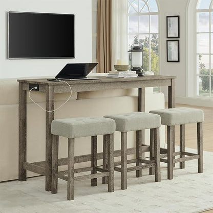 Ball & Cast 4 Piece Kitchen Dining Room Table and Chairs Set, Farmhouse Wooden Counter Height Bar-Sets w/USB Ports & Power Outlet & 3pcs Stools, 59" Sofa-Table Barstool w/Charging Station, Brown