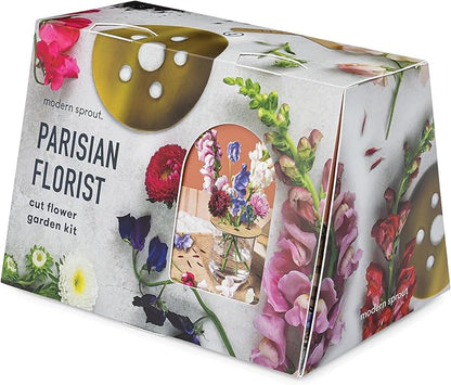 Modern Sprout Travel Trio Parisian Flower Shop; Travel-Inspired Seed Kit with Brass Flower Frog, Organic Seed Starting; Gardening Gift