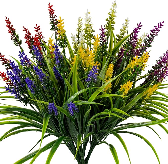 Artificial Flowers for Outdoor Plants 24 Bundles Fake Lavender Plastic Faux Monkey Grass for Verandah Window Garden Office Patio Front Porch UV Resistant for Planter(5 Colors)