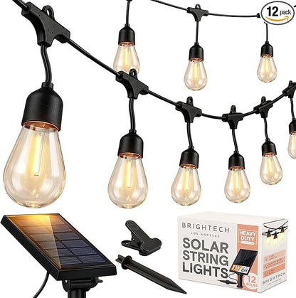 Brightech Ambience Pro 27 Ft Solar Powered Outdoor String Lights - Commercial Grade Waterproof Patio Lights with Edison Globes, Shatterproof LED String Lights for Patio - 2W, Warm White, 12 Bulbs
