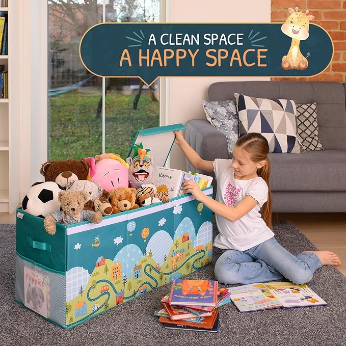 Extra Large Toy Storage Organizer with Lid - Sturdy, Collapsible Toy Chest Storage Box with Cute Design - Toys Bin with Dividers for Kids, Boys, Girls, Nursery, Bedroom, Play room 37"x16"x14"