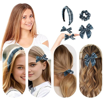 5 Pcs Striped Headband Set with Hair Knotted Scrunchies Bow, Padded Headbands for Women, Christmas Hair Bows & Clips Accessories for Girls (Blue-A)