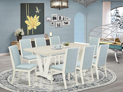 East West Furniture V027LA015-9 9 Piece Dining Set Includes a Rectangle Dining Room Table with V-Legs and 8 Baby Blue Linen Fabric Upholstered Parson Chairs, 40x72 Inch, Multi-Color