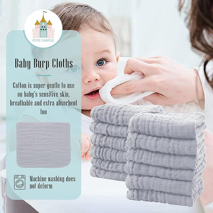Cute Castle 12 Pack Muslin Burp Cloths for Baby - Ultra-Soft 100% Cotton Baby Washcloths - Large 20'' by 10'' Super Absorbent Milk Spit Up Rags - Burpy Cloths for Unisex, Boy, Girl - Slate