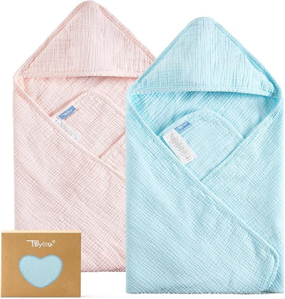 TILLYOU Muslin Hooded Baby Towels for Newborn 2 Pack, 32x32Inch Soft Baby Bath Towel Highly Absorbent for Newborn and Infant, Essential for Newborn Care, Light Pink and Blue