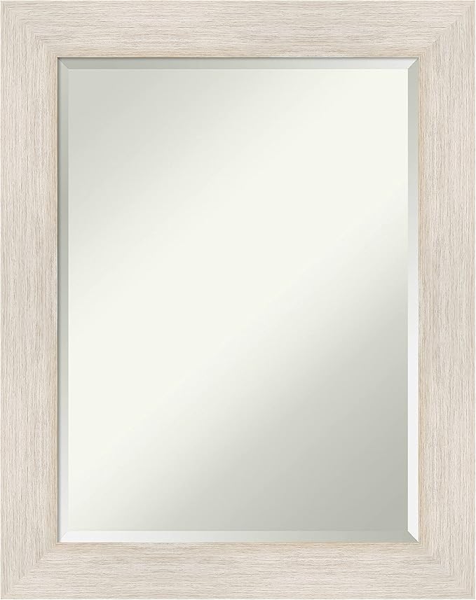Amanti Art White Bathroom Mirror for Over Sink, 29x23 Hardwood White Wash Rectangle Vanity Mirror, Medium Rustic Farmhouse Wood Frame, Hangs Horizonally and Vertically, Bathroom Wall Decor, Beveled