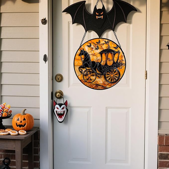 Stained Glass Window Hanging - Halloween Pumpkin Carriage Suncatcher for Doors Window Garden Indoor Spooky Funny Orange Sun Catchers Gothic Decor Horror Gifts for Women Men Friend 11.8 in