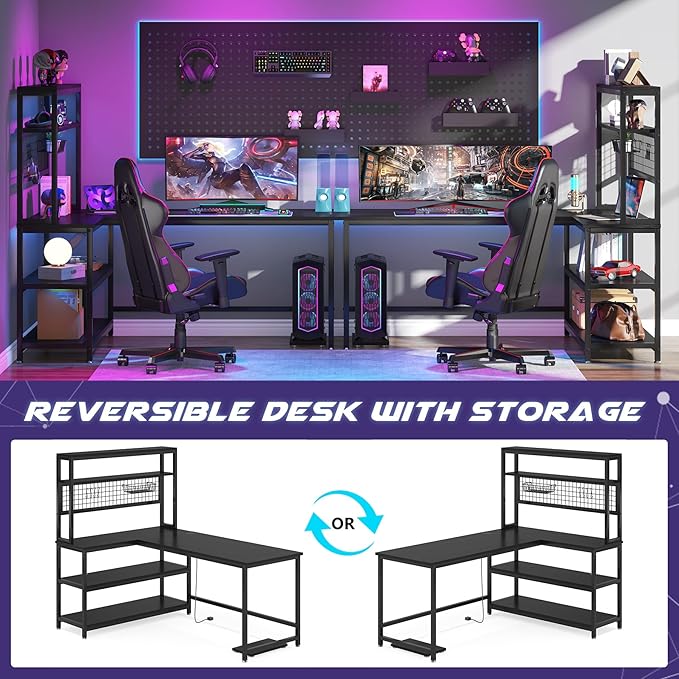 Tribesigns 55" Large Computer Desk with Wireless Charging 5 Storage Shelves, Office Desk Study Table Writing Desk Workstation with Hutch Bookshelf for Home Office (All Black)