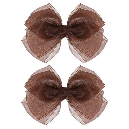 Brown Mesh Hair Bows Alligator Clip 4" Organza Double Tulle Bow Hair Barrettes Pins Happy Fall Thanksgiving Dress Outfit Decoration Accessory Gift for Teens Toddler Girls Kid Child