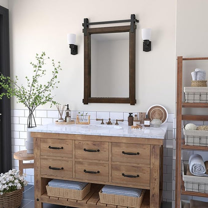 Rustic Barn Door Mirror: 24"x36" Brown Farmhouse Wood Frame - Wall Mirror for Entryway/Bathroom/Living Room Wall Decor
