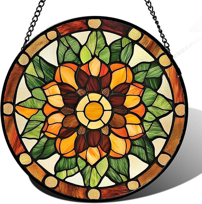 Stained Glass Window Hanging - Yellow Green Boho Style Flowers Sun Catcher for Door Garden Home Decor Suncatcher Christmas Mother's Day Birthday Gifts for Women Mom Girl Nana Friend 9.8 in