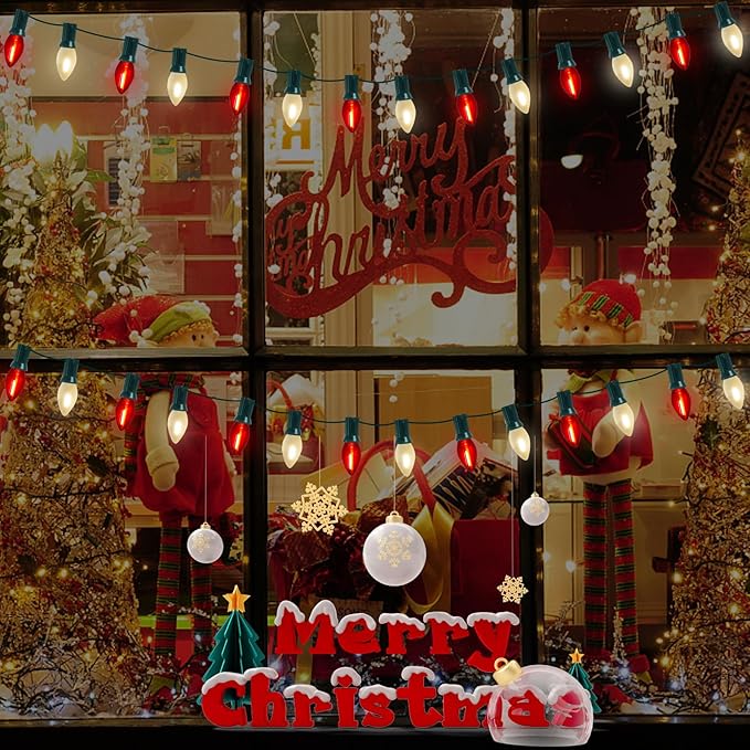 C7 LED Red and Frosted White Christmas Lights 25FT Outdoor Christmas Decorations String Lights with 27 Shatterproof LED Bulbs, Hanging Vintage Christmas Light for Outdoor Garden Wedding Roofline Patio