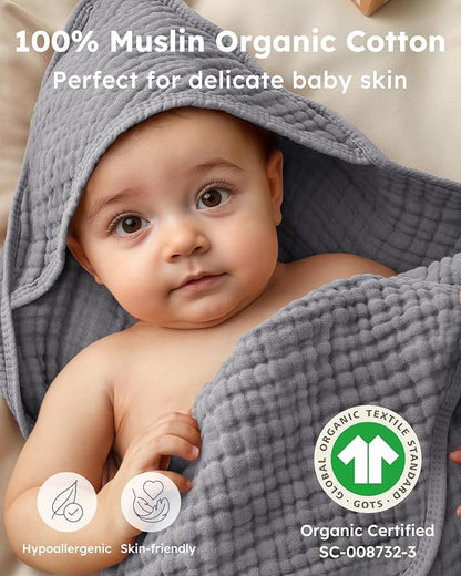 Yoofoss Hooded Baby Towels for Newborn 2 Pack 100% Muslin Organic Cotton Baby Bath Towel with Hood for Babies, Infant, Toddler and Kids, 32x32Inch, Soft and Absorbent Newborn Essential, Grey Planet