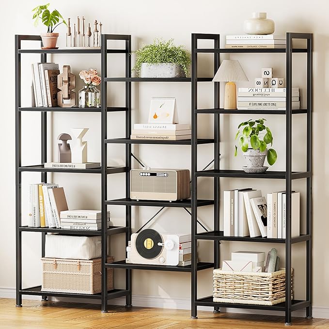 Casaottima Triple 5 Tier Bookshelf, Large Bookcase with 14 Open Display Shelves, Modern Industrial Book Shelves Book Case for Bedroom, Wide Standing Shelving Unit for Living Room Home Office, Black