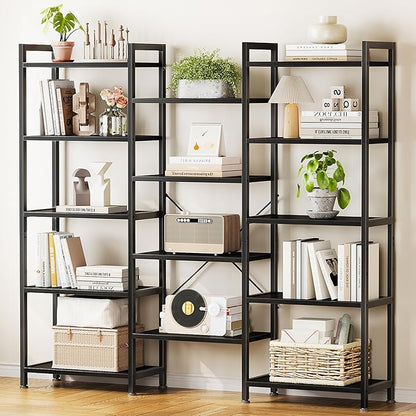 Casaottima Triple 5 Tier Bookshelf, Large Bookcase with 14 Open Display Shelves, Modern Industrial Book Shelves Book Case for Bedroom, Wide Standing Shelving Unit for Living Room Home Office, Black
