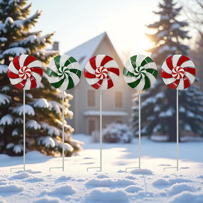 5pcs Wind Spinners Metal Colorful Flowers Garden Stake, Christmas Lollipop Pinwheels, 27" Metal Windmill Yard Art Lawn Ornaments Outside Decorations, Christmas Outdoor Decorations Gift