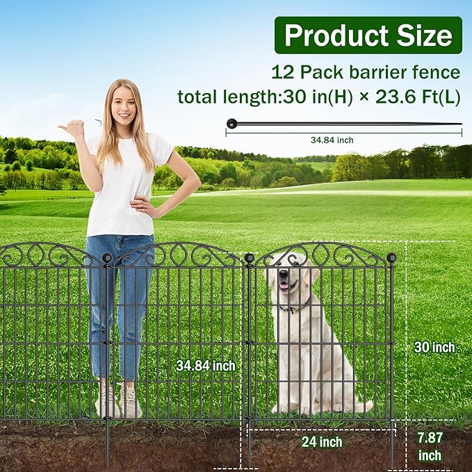 Garden Fence 12 Panel - 30in H x 23.6ft L, No Dig Rustproof Metal Tall Animal Barrier for Dogs Rabbits, Decorative Outdoor Border for Yard, Patio, and Flower Beds