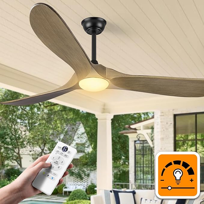 Haipeel 52 Inch Outdoor Ceiling Fans with Lights, Dimmable Solid Wood Ceiling Fan with Light and Remote Control 3 Blades Rustic Propeller Ceiling Fans for Patios Indoor Bedroom, Bronze Gray