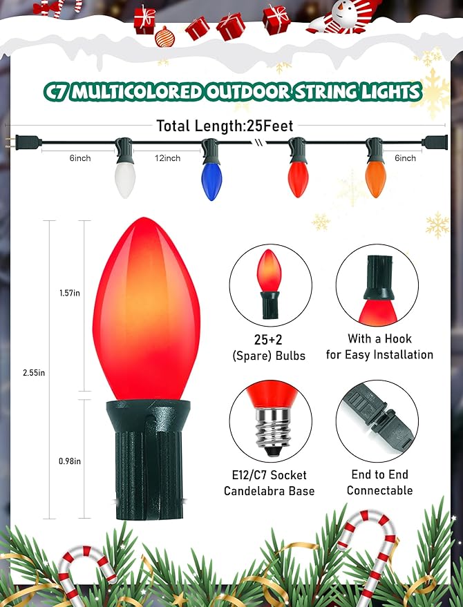 C7 Christmas Lights Outdoor, 25Ft Vintage Christmas String Lights with 27 Multicolor Ceramic Bulbs, Hanging Christmas Decorations Lights for Roofline House Garden Patio Backyard Party-Green