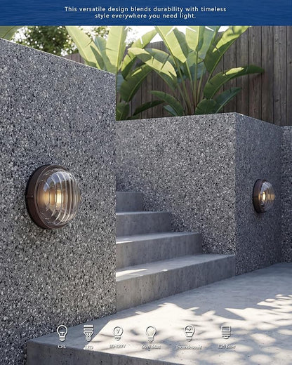 FEMILA 10" ORB Modern Outdoor Wall Lantern, 2 Pack Nautical Outdoor Lighting, Bulkhead Sconce for Front Porch/Entry Light, Aluminum, Ripple Glass, ETL & UL Listed, 4FYX105FL-2 ORB SW